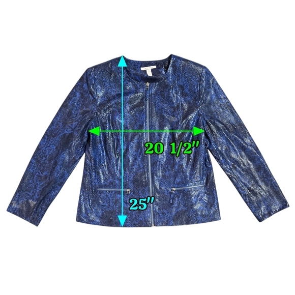 JM Collection Blue Faux Snakeskin Embossed Collarless Zip Jacket - Picture 3 of 8